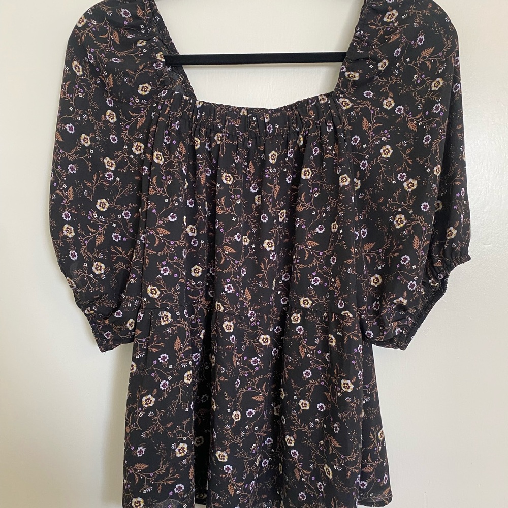 Bobeau Black Floral Peplum Blouse size XL